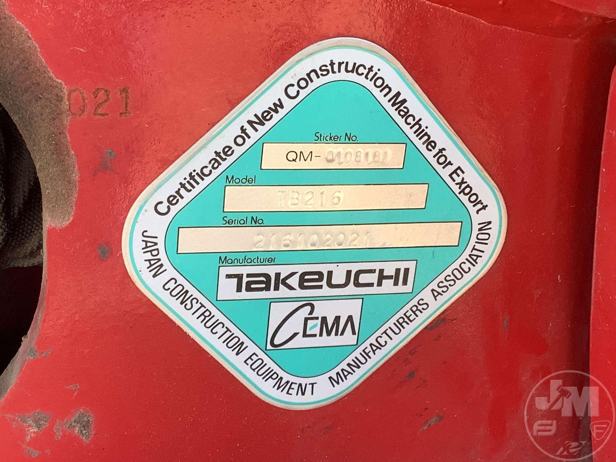 2019 TAKEUCHI TB216 MINI EXCAVATOR SN: 216102021