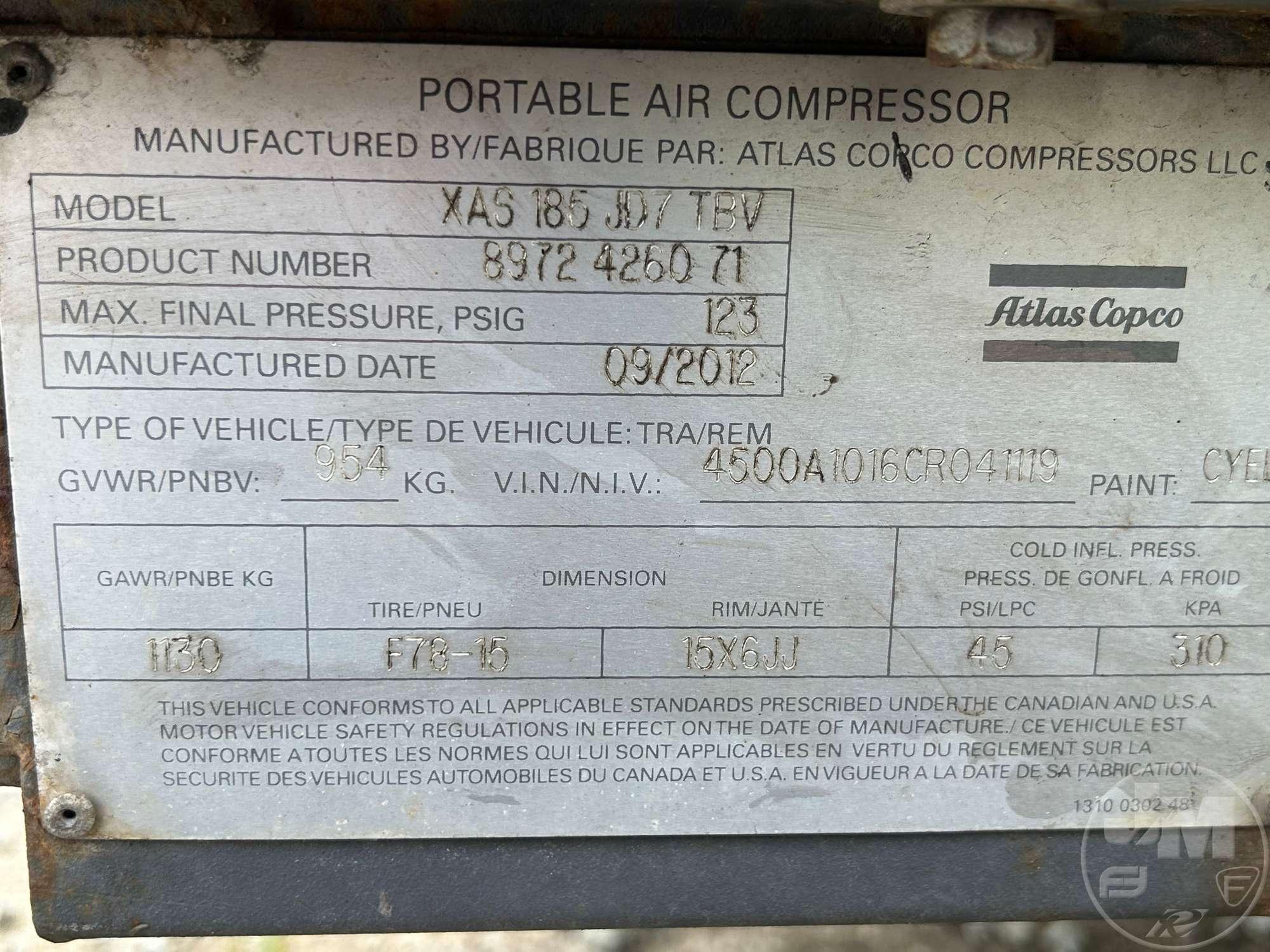 2012 ATLAS COPCO XAS185JD7TBV PORTABLE AIR COMPRESSOR SN: 4500A1016CRO4119