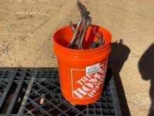 BUCKET OF CHIPPING HAMMERS AND MISC HAND TOOLS