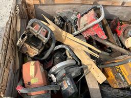 CRATE OF MISC TOOLS, INCLUDES STIHL AND PARTNER BRANDS, SKILLSAWS,