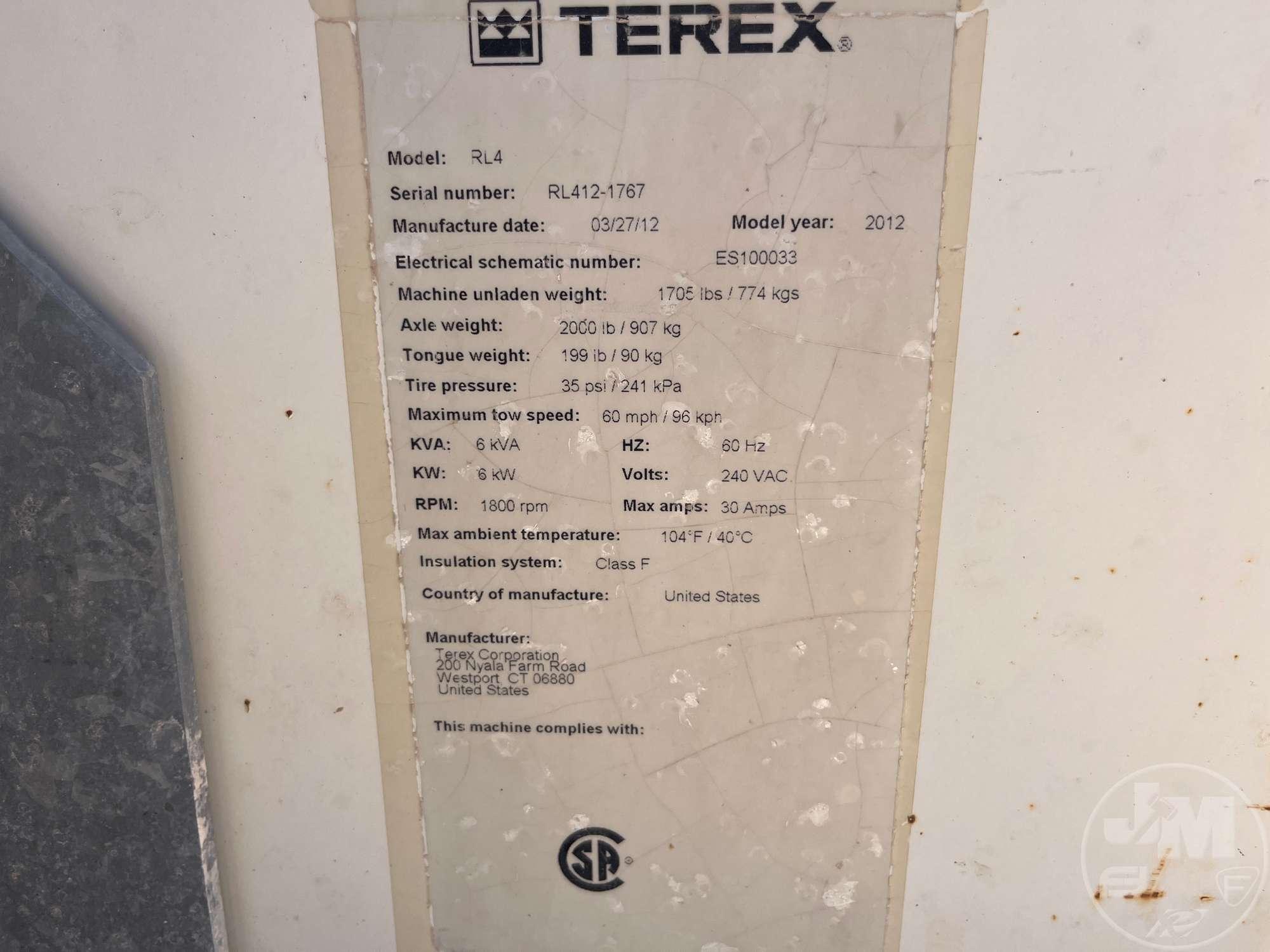 2012 TEREX RL4 4 BULB LIGHT TOWER SN: RL4121767