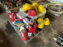 PALLET OF VARIOUS SAFETY EQUIPMENT, FIRE EXTINGUISHERS, EARPLUGS, SAFETY GLASSES,