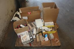 Pallet of misc. electrical components, swimming pool pump and paint