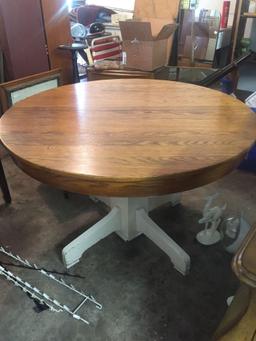 Round Oak top Dining table with white barn style base