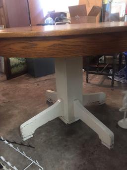 Round Oak top Dining table with white barn style base