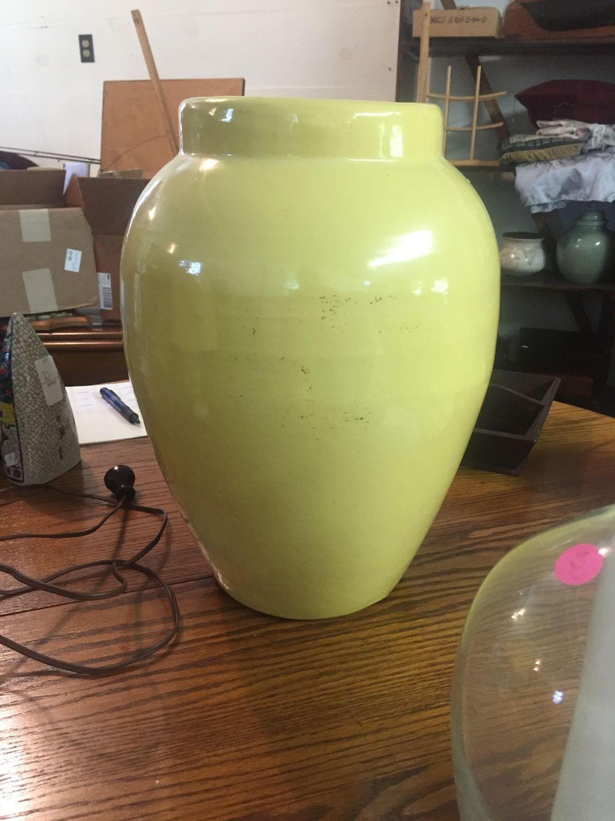 Large 15? Stoneware Yellow Urn. Handthrown handpainted