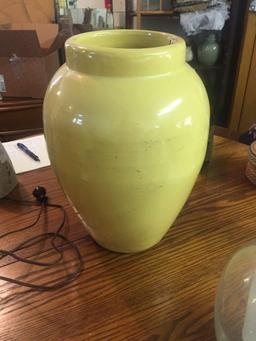 Large 15? Stoneware Yellow Urn. Handthrown handpainted