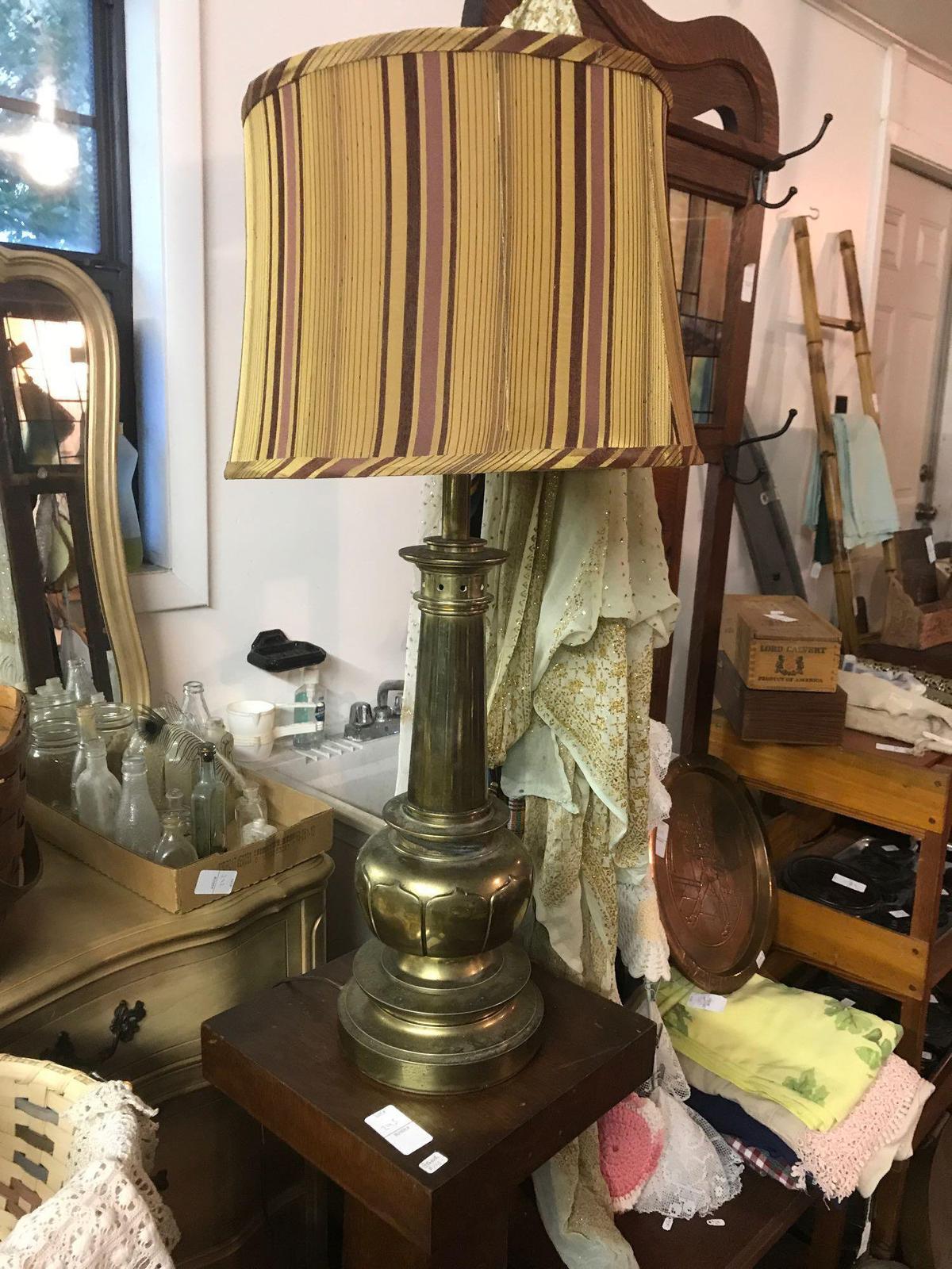Tall Brass Table Lamp with Striped Shade