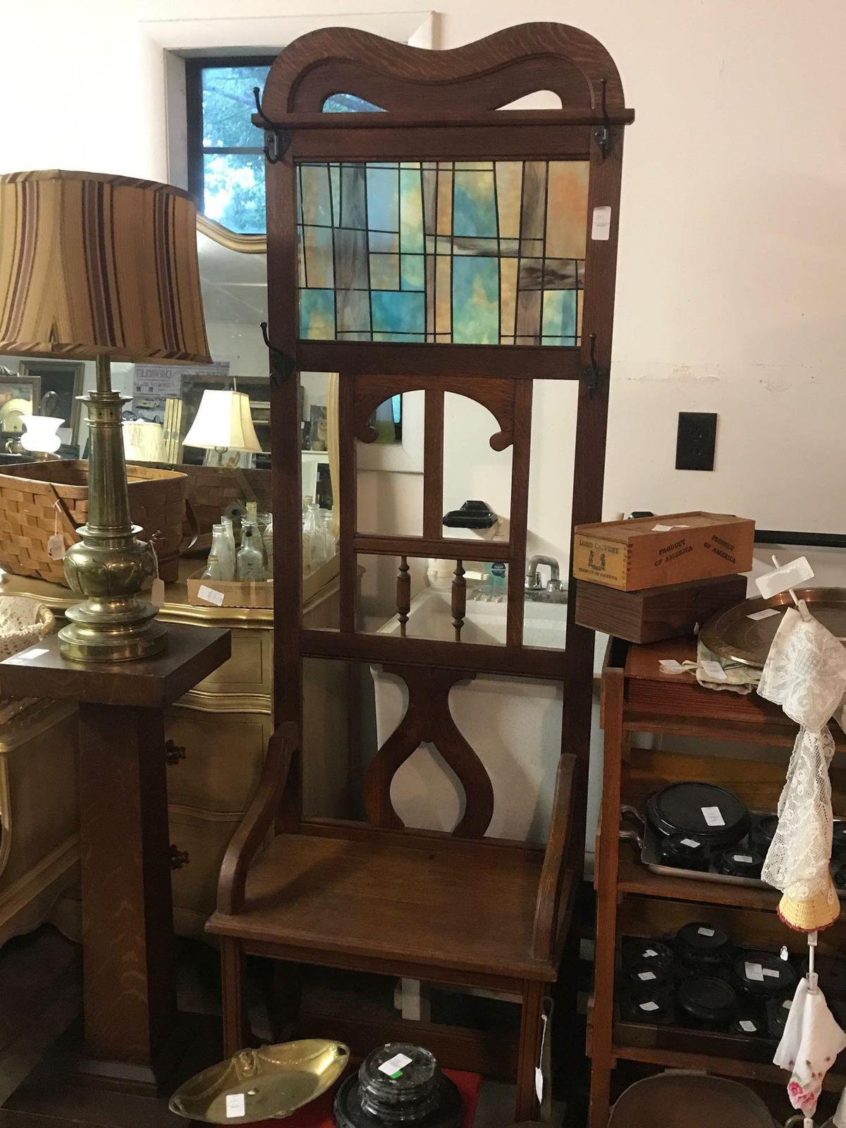 Beautiful Solid Wood Hall Tree with Faux Stained Glass Insert - 6?