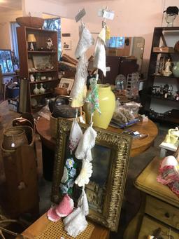 Nice Lot of Old Handmade Doilies and Embroidered Handkerchiefs on Display Rack