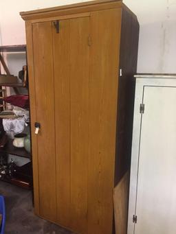 Antique cupboard with pine finish. Large cupboard with shelving and hooks