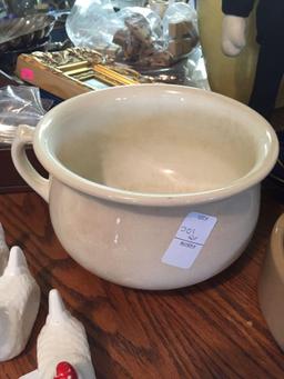 (2) English Ironstone/pottery pieces. Chamber pot and Dog bowl