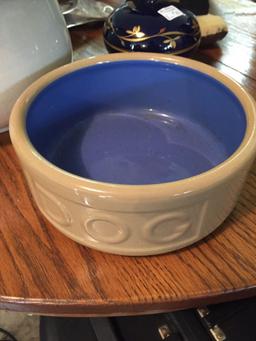 (2) English Ironstone/pottery pieces. Chamber pot and Dog bowl