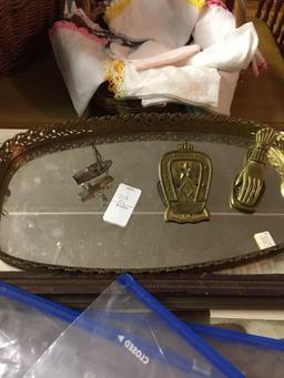 Fancy mirrored tray with (2) vintage brass clips and extremely unique folk art junk boat made from