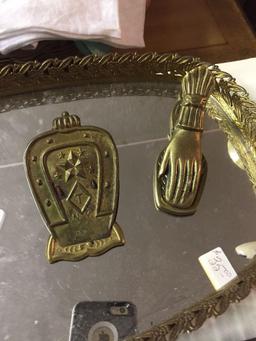 Fancy mirrored tray with (2) vintage brass clips and extremely unique folk art junk boat made from
