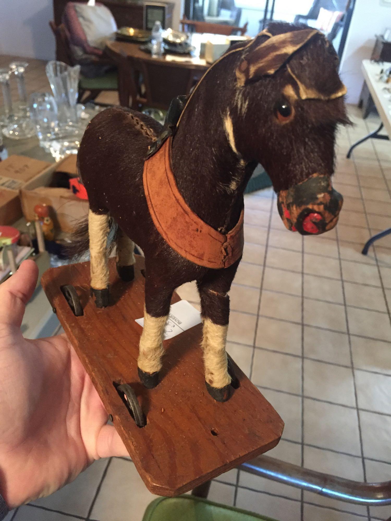 3 rare antique stuffed mini horse pull toys. As is