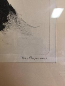 Signed M Ryerson? framed drawing of boy and dog