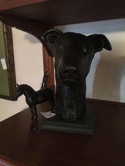 Large hound bust and Iron horse sculpture. Both damaged