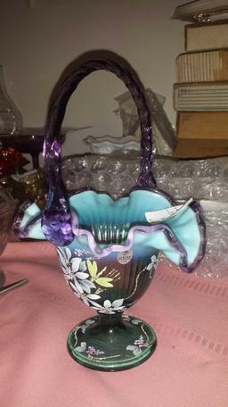 Unique Handpainted Fenton Basket. Multiple signatures