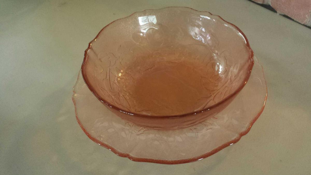 Arcoroc France Pink Depression Glass Frosted Rose (1) Bowl (1) Plate