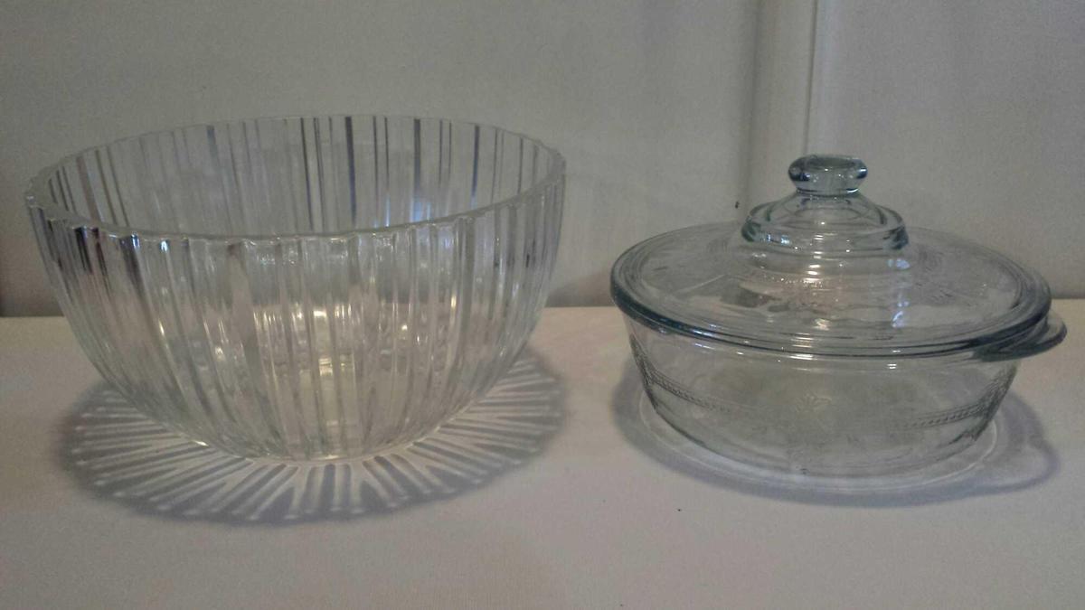 1 tall Glass Bowl from Italy & 1 Ornate Fire King Dish with Lid