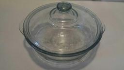 1 tall Glass Bowl from Italy & 1 Ornate Fire King Dish with Lid