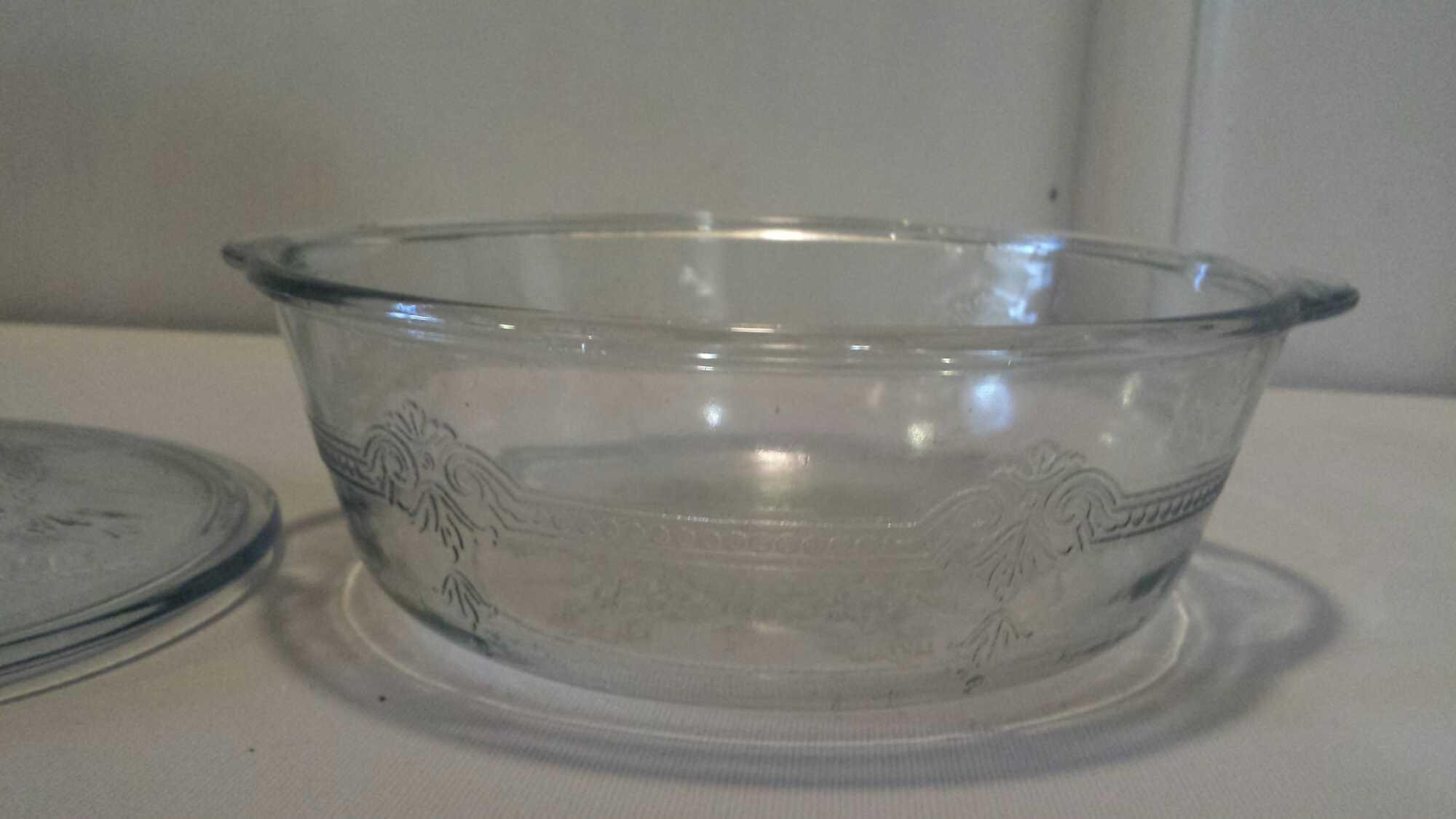 1 tall Glass Bowl from Italy & 1 Ornate Fire King Dish with Lid