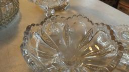 4 Exciting Glass Pieces. (2) compotes (1) small dish (1) serving tray with handles