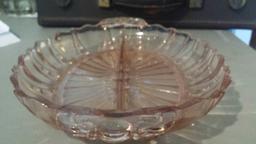 Pink depression glass divided dish with bubbled accents