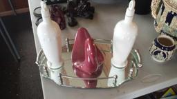 Mirrored Tray with 2 Milk Glass Bottles with stoppers and 1 Elegant VOHANN OF CALIF. Swan