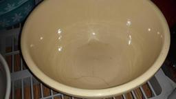 2 Large Hefty Ceramic Bowls (1) Made in Italy (flower marking) (1) USA Oven Ware (Bottom is cracked