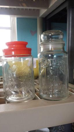 2 Fun Glass Jars with Lids (1) Anchor Hocking with Orange Lid (1) 1981 Planters