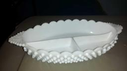 2 Large Milk Glass Pieces: (1) Large Footed Bowl with Grape Designs (1) Divided Hobnail Relish Dish