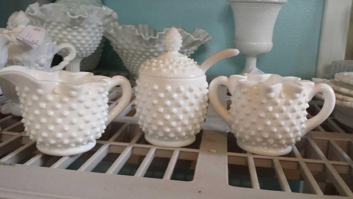 Matching Lot of 4 Darling Hobnail Milk Glass Pieces (1) Sugar (1) Creamer (1) Jam Holder with Spoon