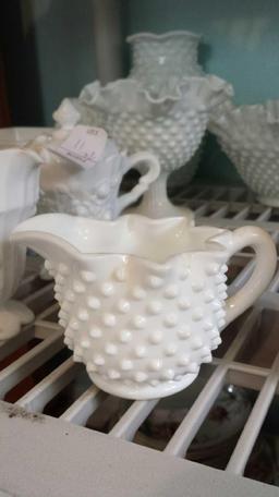 Matching Lot of 4 Darling Hobnail Milk Glass Pieces (1) Sugar (1) Creamer (1) Jam Holder with Spoon