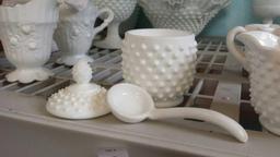 Matching Lot of 4 Darling Hobnail Milk Glass Pieces (1) Sugar (1) Creamer (1) Jam Holder with Spoon