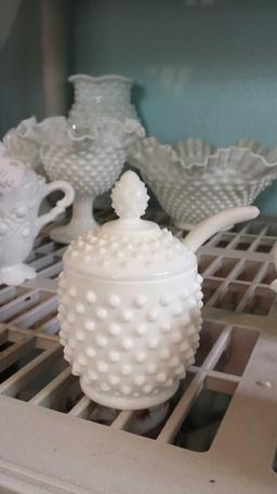 Matching Lot of 4 Darling Hobnail Milk Glass Pieces (1) Sugar (1) Creamer (1) Jam Holder with Spoon