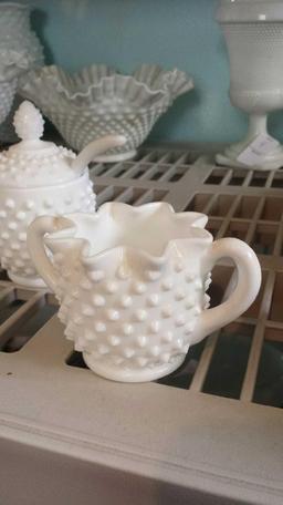 Matching Lot of 4 Darling Hobnail Milk Glass Pieces (1) Sugar (1) Creamer (1) Jam Holder with Spoon