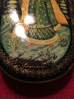 Black laquered oval box. Russian signed painted
