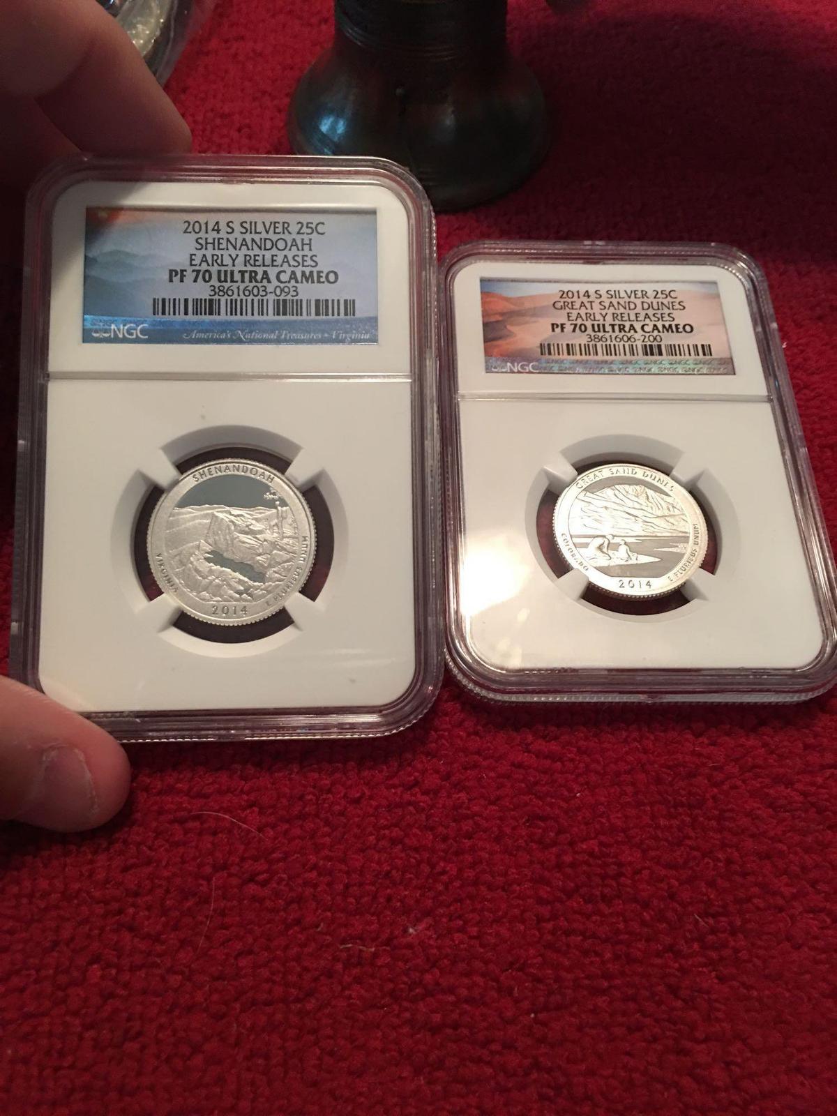 2 NGC graded PF 70 ultra cameo 2014 Silver Natl Park quarters