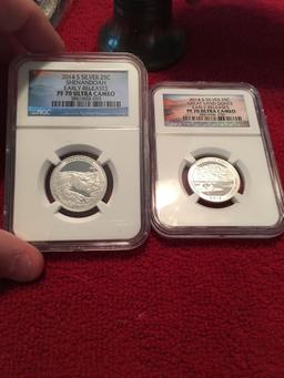 2 NGC graded PF 70 ultra cameo 2014 Silver Natl Park quarters