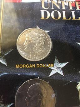 The United States Dollar story. Includes silver Morgan, silver Peace, Eisenhower, Susan B Anthony