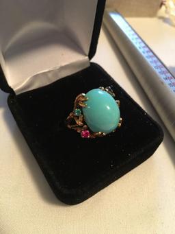 Rare 18K Gold ring with large Turquoise center surrounded by Diamond, Sapphire, Emerald and Ruby