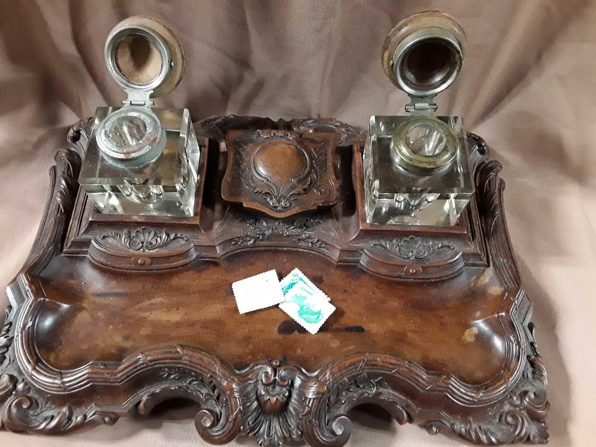 Solid Wood Inkwell with Glass bottles. Awesome!q