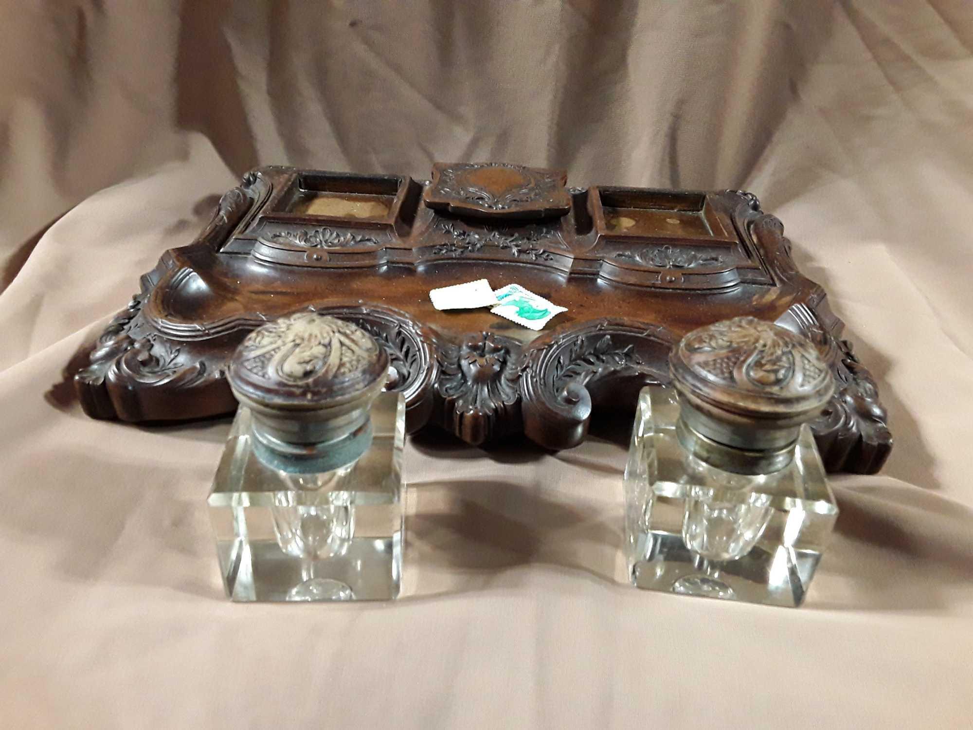 Solid Wood Inkwell with Glass bottles. Awesome!q