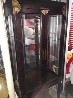 Beautiful, Dark Wood, Lighted, Curio with Gold Hardware Accents