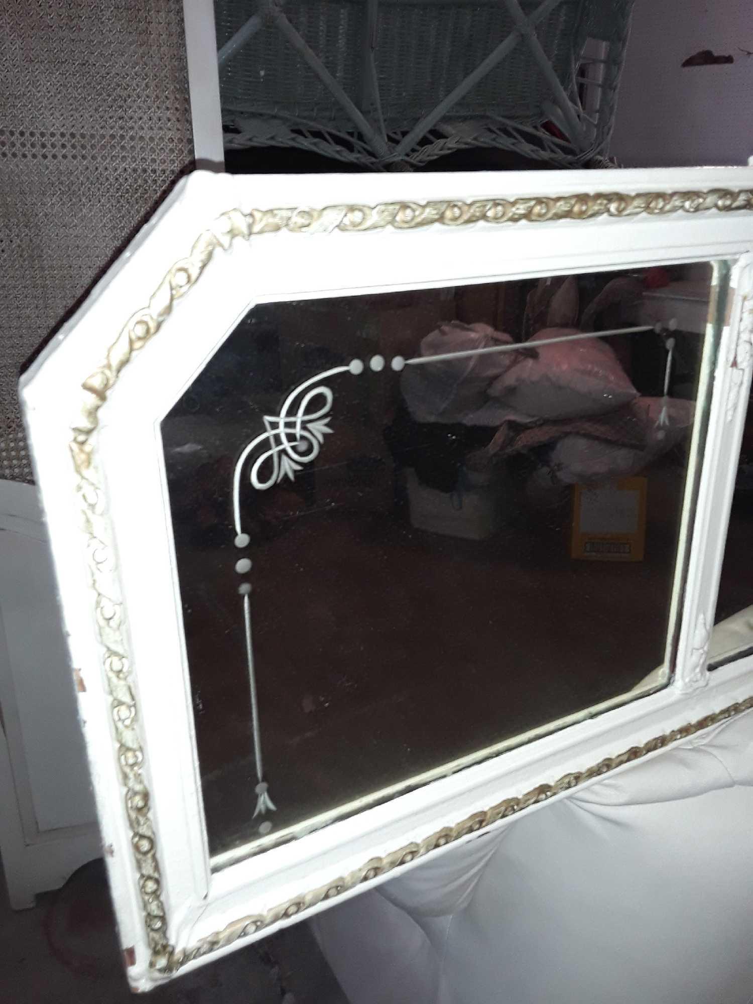Wide shabby chic antique wall mirror with golden ornamentation