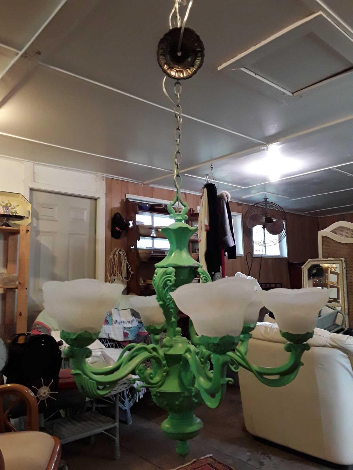 Chalk green, shabby chic CAST IRON Chandelier. So cute!