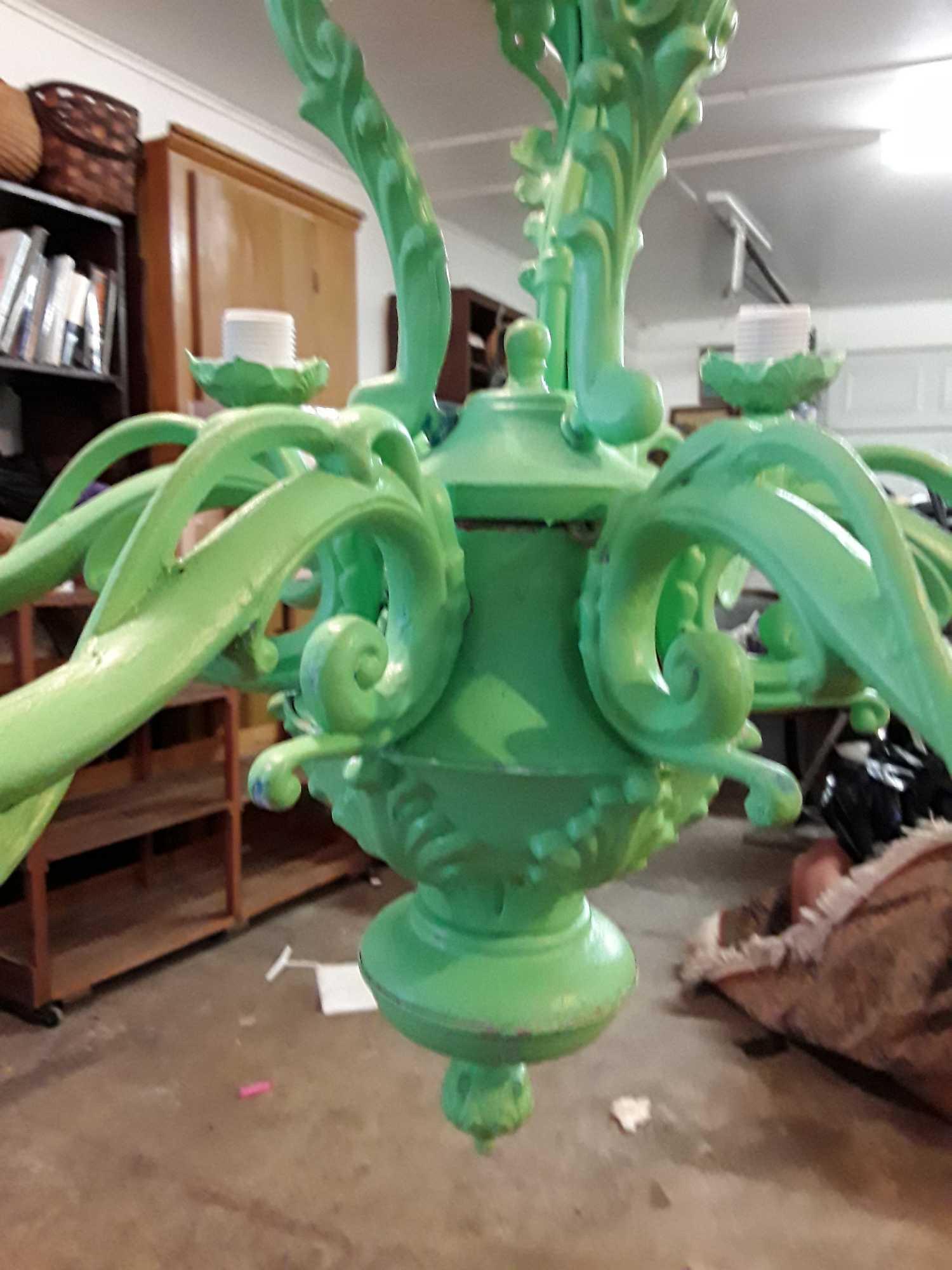 Chalk green, shabby chic CAST IRON Chandelier. So cute!