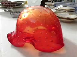 Vintage Red Art Glass Ashtray with Bubbles